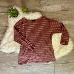 FREE FLY | dust rose with cream stripe cropped Sleeve shirt top (L)